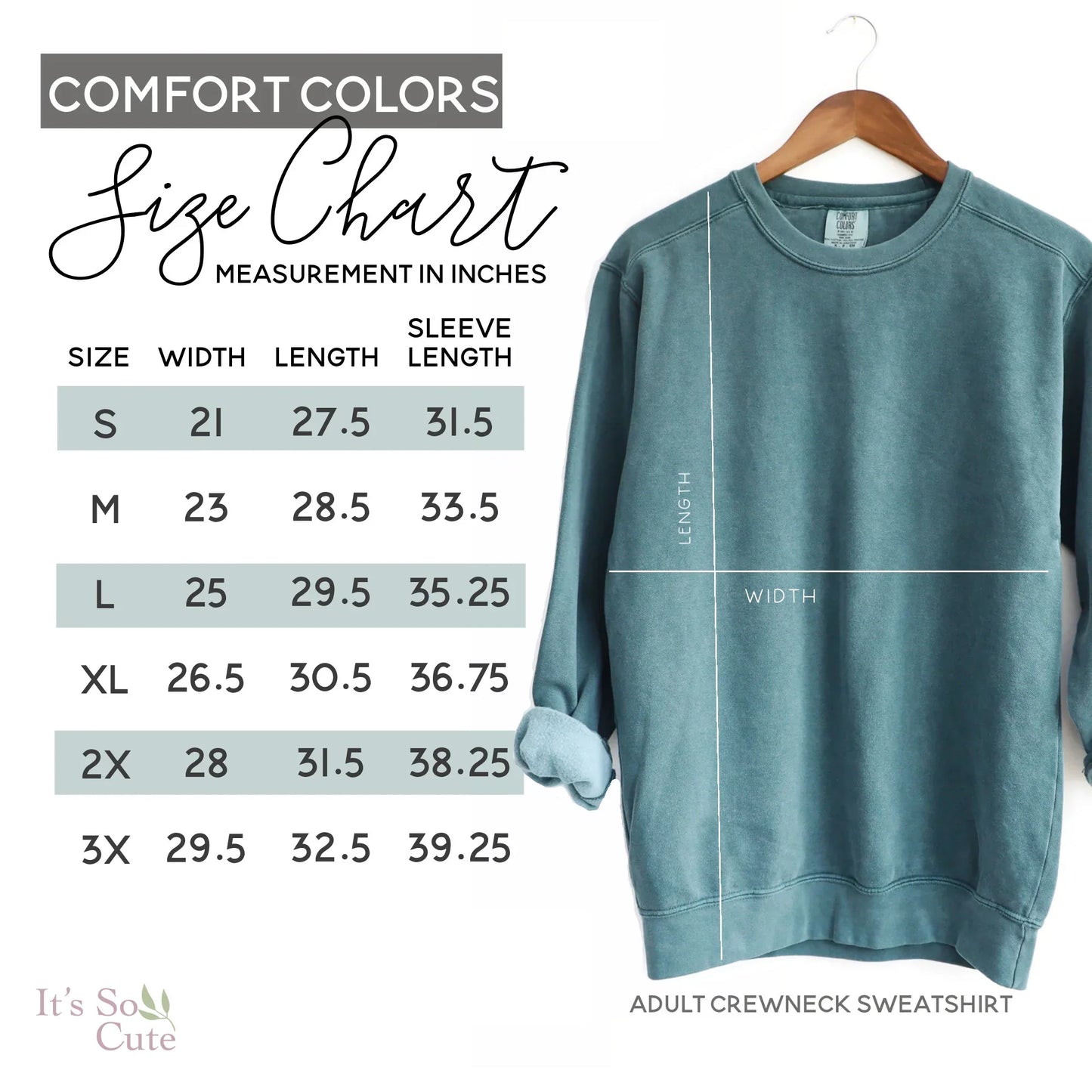Size chart for Future Nurse embroidered sweatshirt showing measurements and sizing details