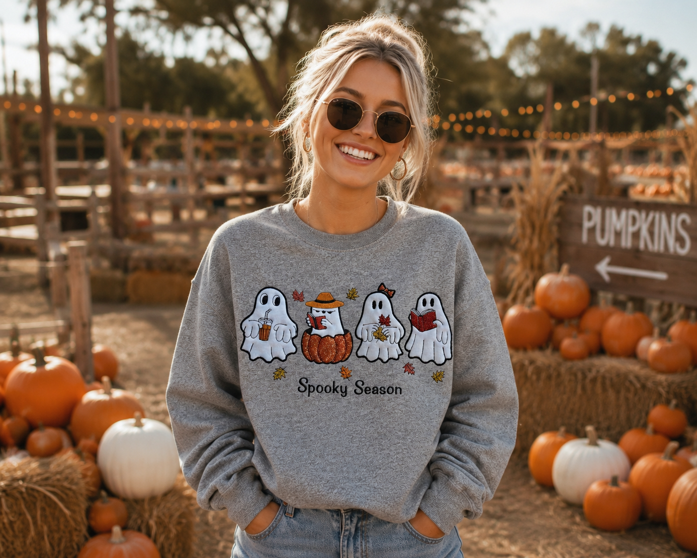 Spooky Season Ghost Embroidered Sweatshirt