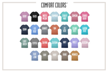 Color swatch chart for Comfort Colors with various t-shirt colors and names.