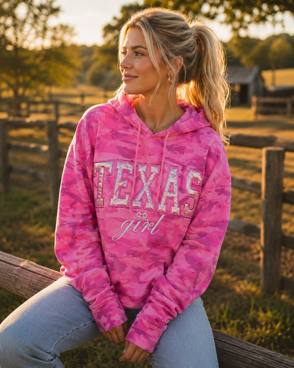 Pink Camo Texas Girl Hoodie, Metallic Appliqué, Embroidered Western Sweatshirt