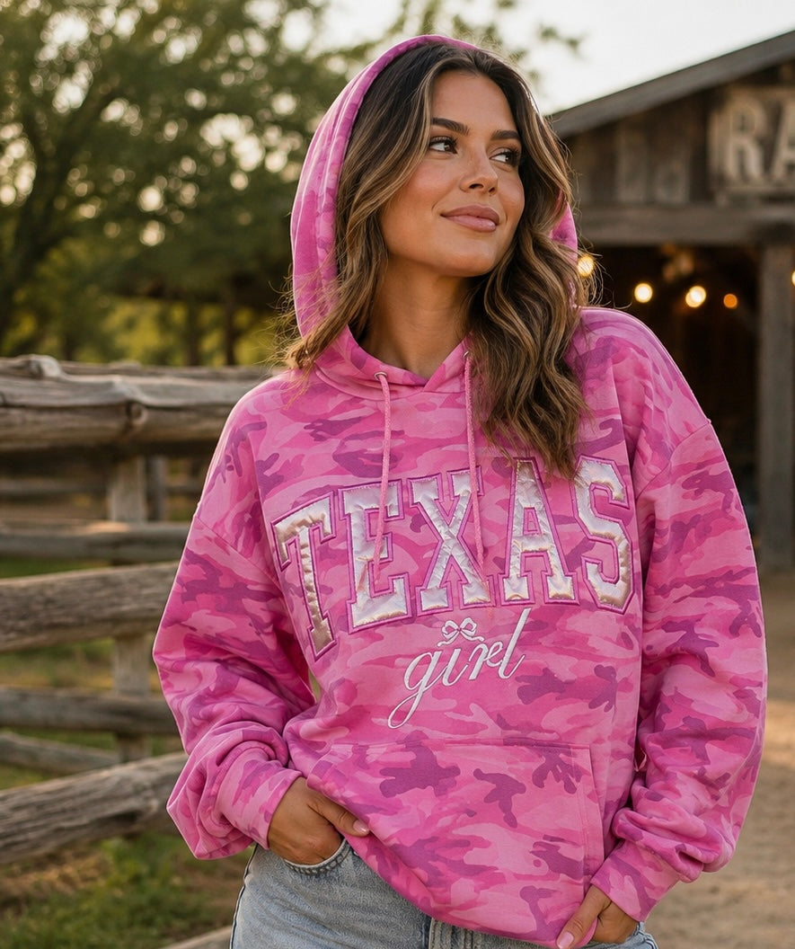 Pink Camo Texas Girl Hoodie, Metallic Appliqué, Embroidered Western Sweatshirt