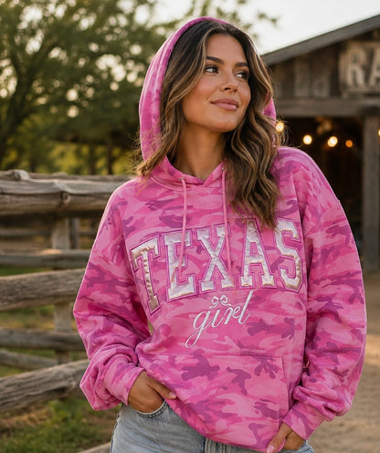 Pink Camo Texas Girl Hoodie, Metallic Appliqué, Embroidered Western Sweatshirt