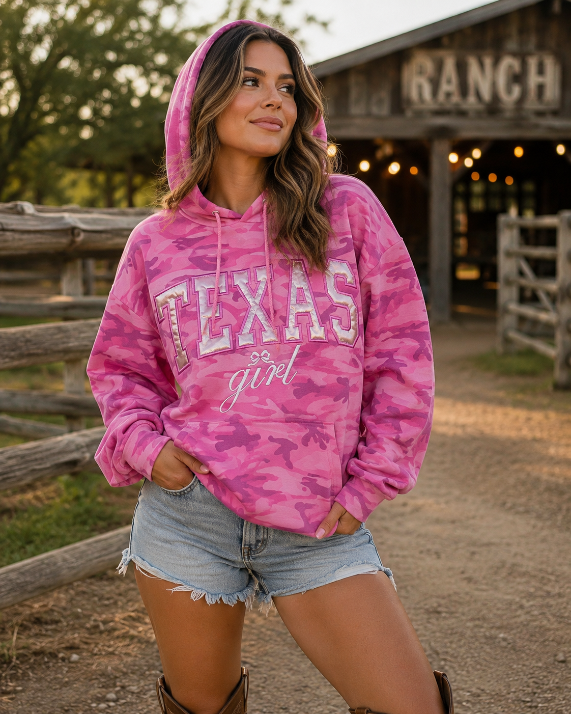 Pink Camo Texas Girl Hoodie, Metallic Appliqué, Embroidered Western Sweatshirt