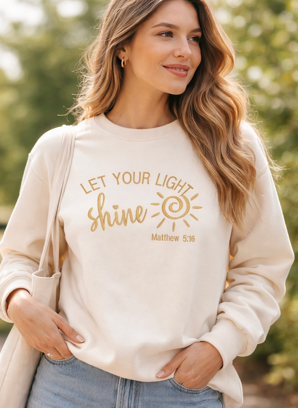 Let Your Light Shine Sweatshirt, Christian Embroidered Crewneck, Matthew 5:16 Bible Verse, Christian Gift for woman