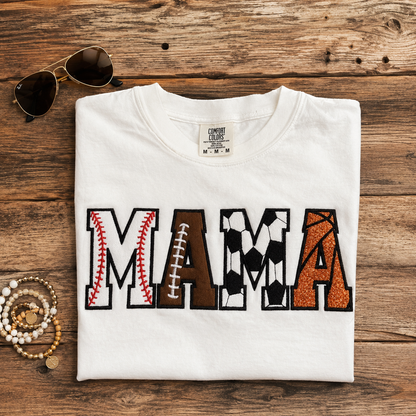 Sport MAMA Appliqué Comfort Colors Tee | Baseball Football Soccer Basketball | Short & Long Sleeve