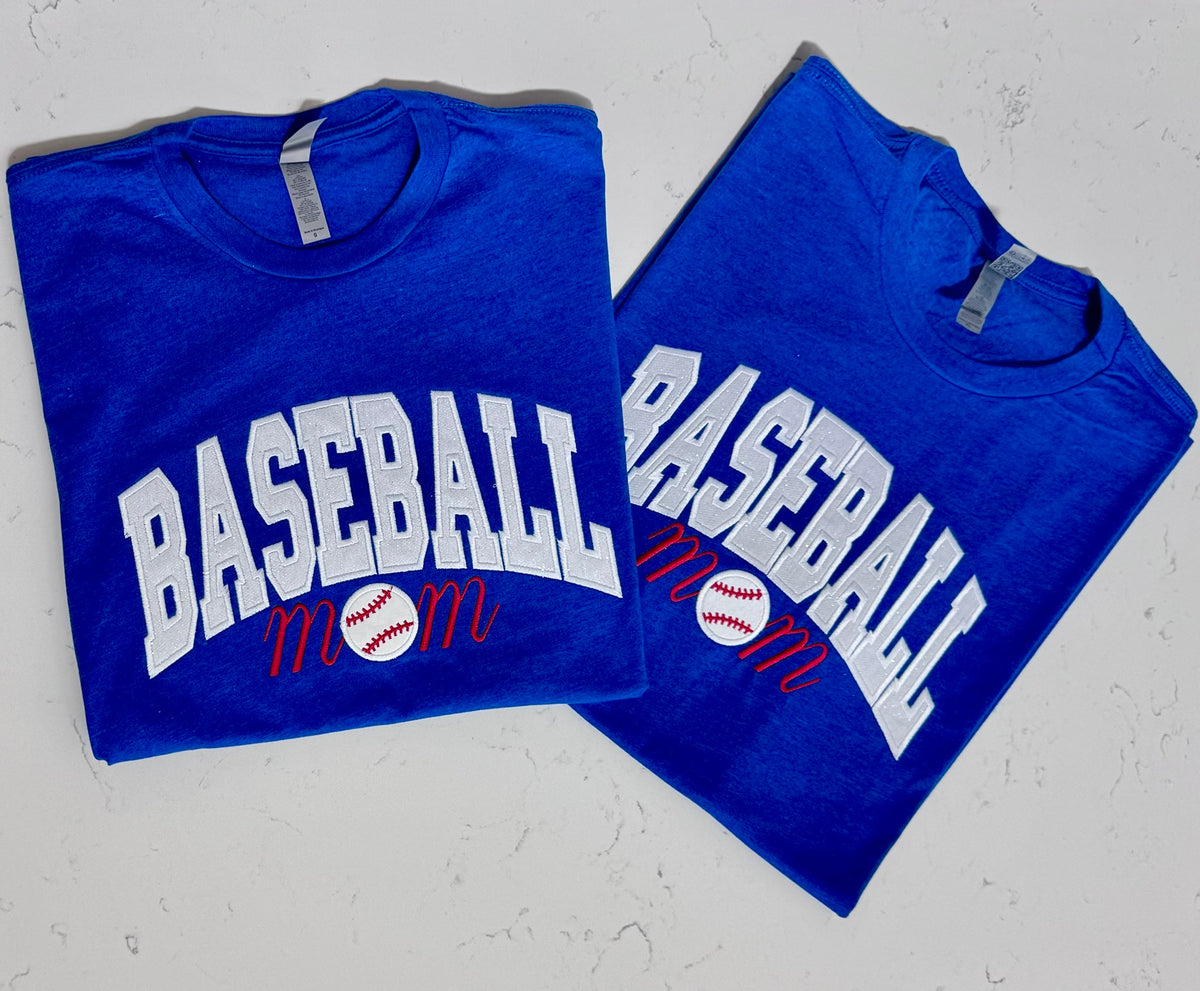 Royal blue Baseball Mom embroidered T-shirt displayed flat