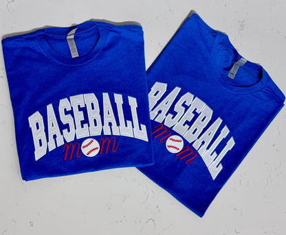 Royal blue Baseball Mom embroidered T-shirt displayed flat