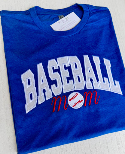 Royal blue Baseball Mom T-shirt with white sparkle appliqué and embroidered baseball detail