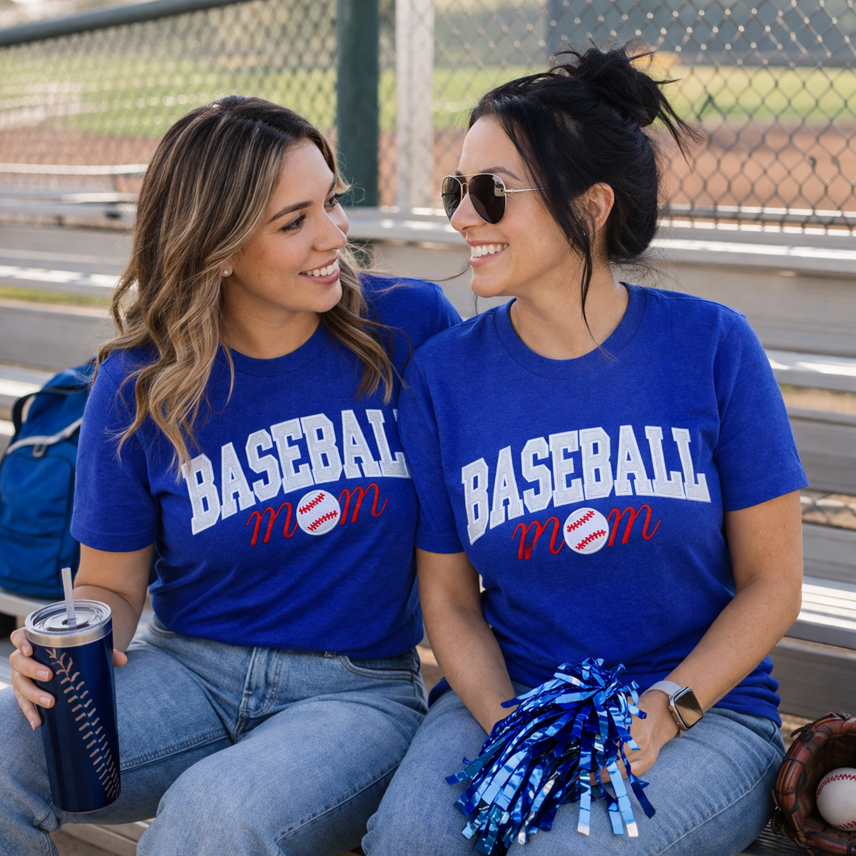 White sparkle Baseball Mom appliqué design on a royal blue unisex T-shirt