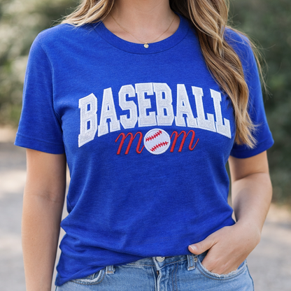 Close-up of white sparkle BASEBALL appliqué and embroidered mom lettering