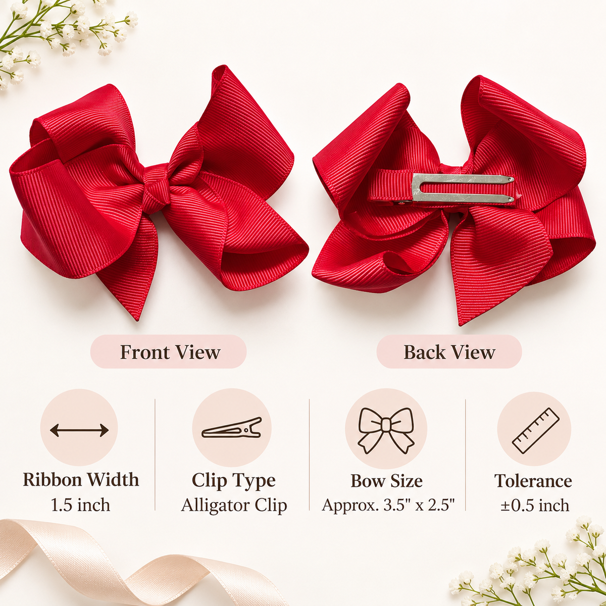 Product information image with red grosgrain hair bow front and back views, alligator clip details and toddler sweatshirt size chart.