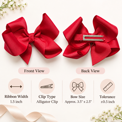 Product information image with red grosgrain hair bow front and back views, alligator clip details and toddler sweatshirt size chart.