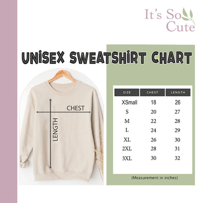 Size chart for It's So Cute sweatshirts and hoodies showing measurements