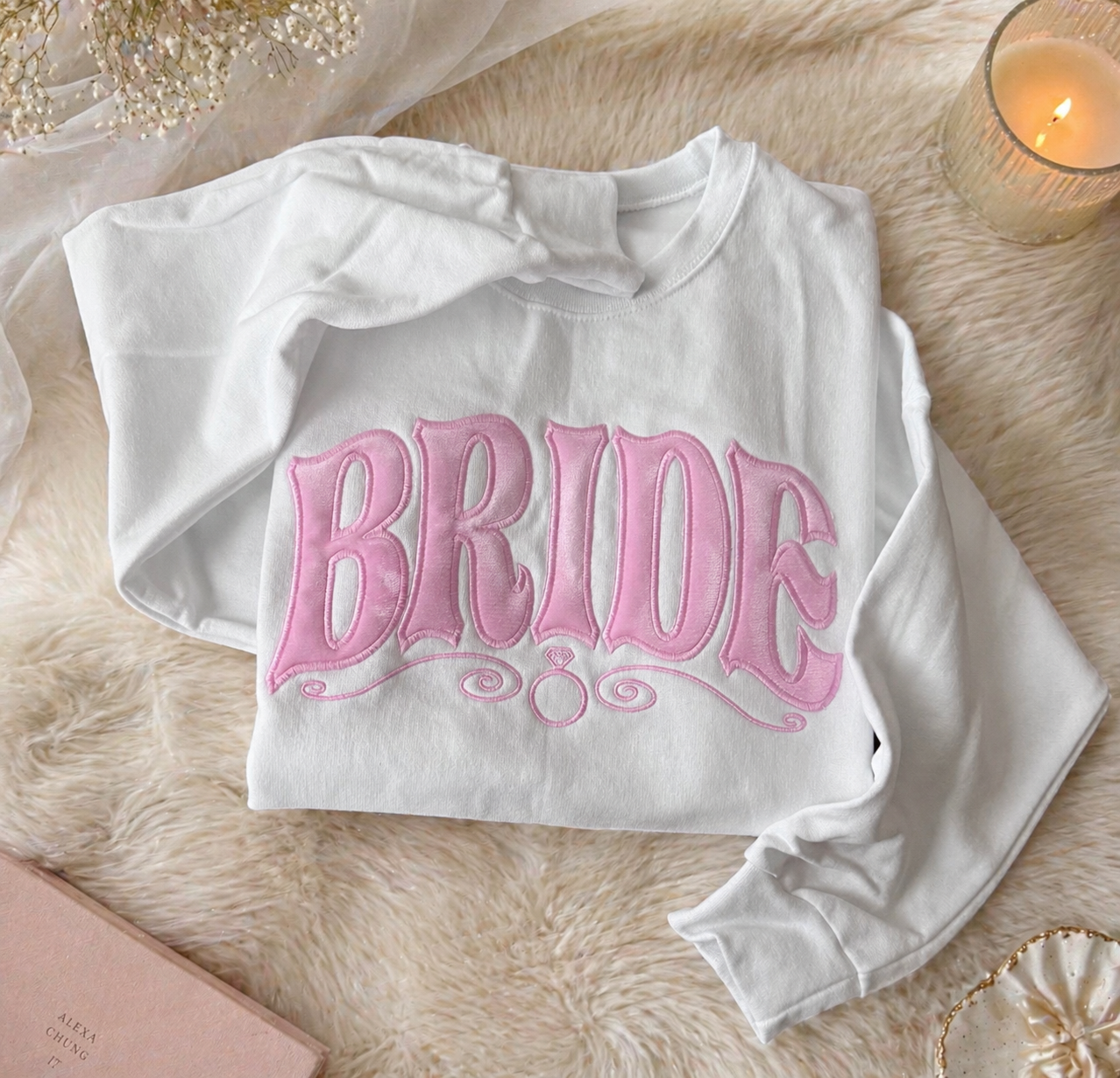 Bride Embroidered Sweatshirt – Velvet Soft Pink Luxury Bridal Crewneck