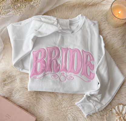 Bride Embroidered Sweatshirt – Velvet Soft Pink Luxury Bridal Crewneck