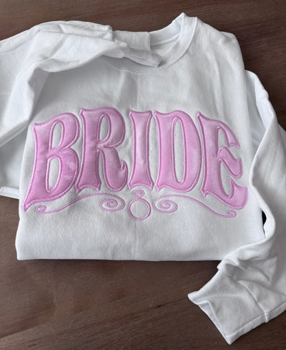 Bride Embroidered Sweatshirt – Velvet Soft Pink Luxury Bridal Crewneck