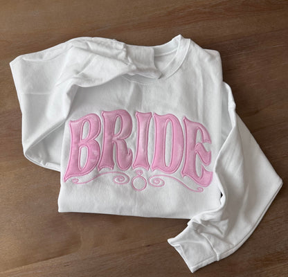 Bride Embroidered Sweatshirt – Velvet Soft Pink Luxury Bridal Crewneck