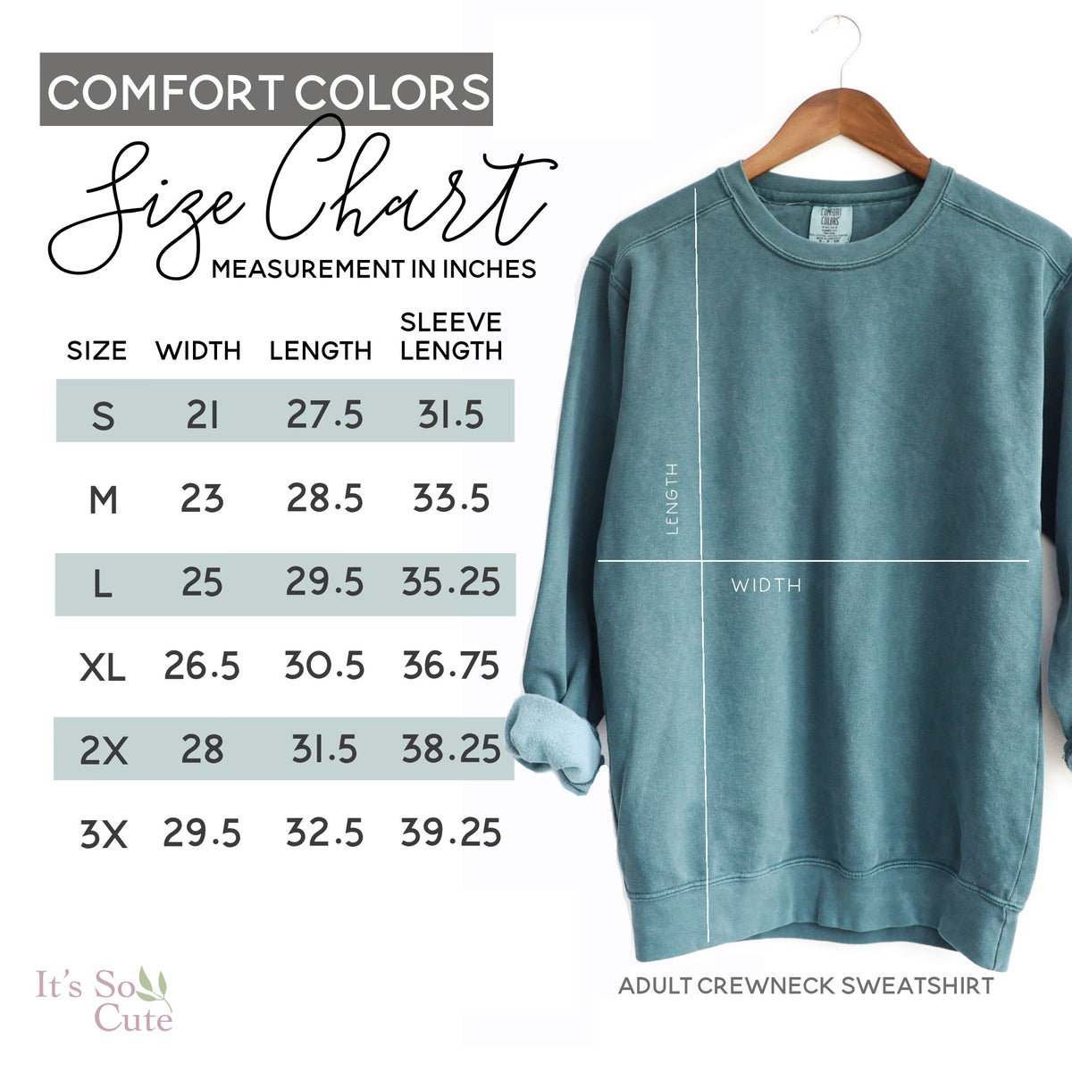 Comfort Colors adult crewneck sweatshirt size chart showing width, length and sleeve length measurements in inches.