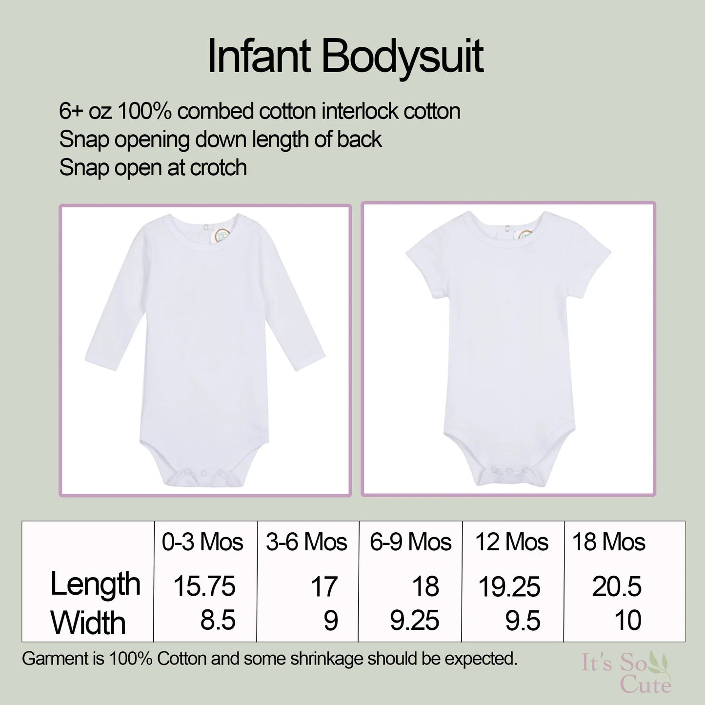 Size chart for infant bodysuits showing measurements for different ages