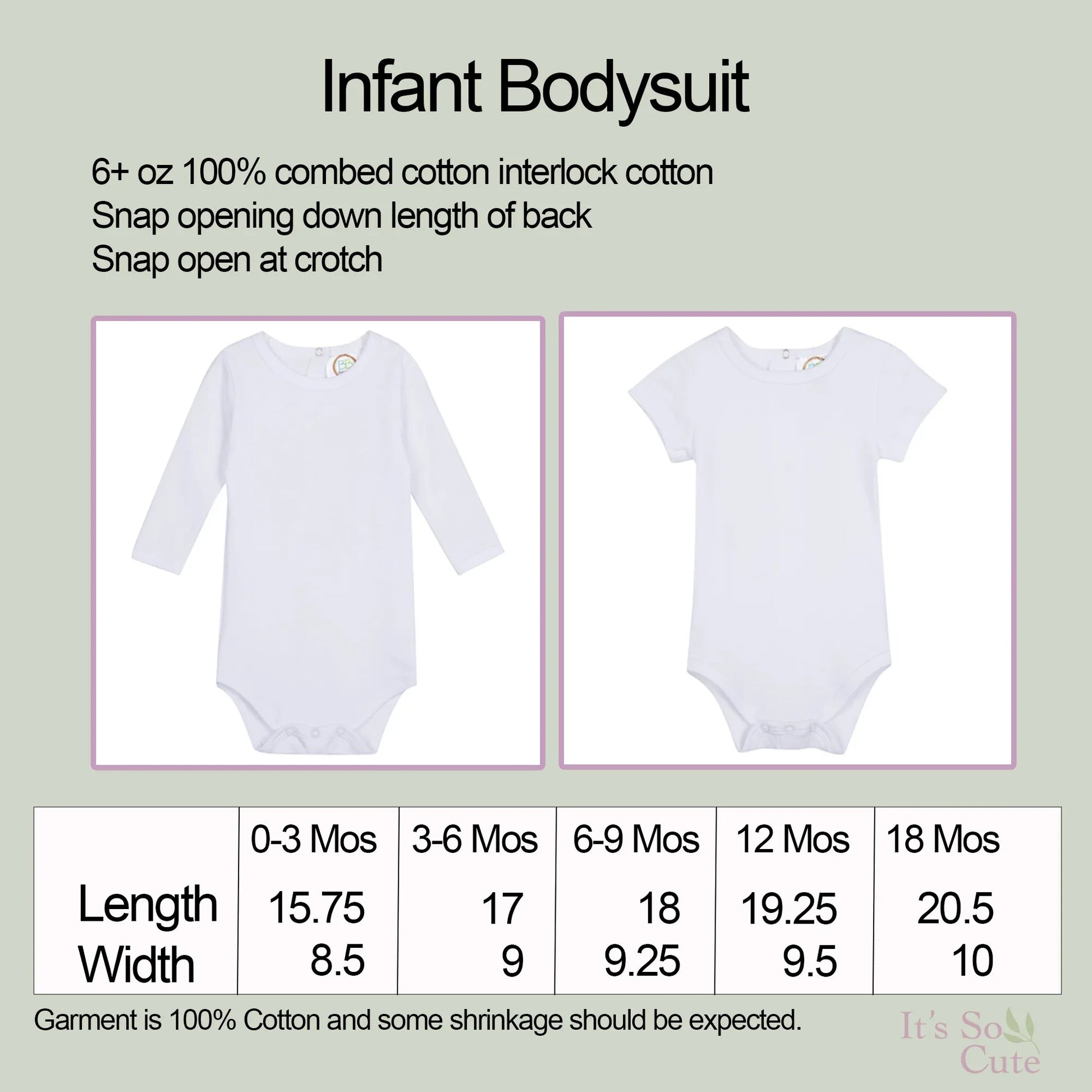 Size chart for infant bodysuits showing measurements for different ages
