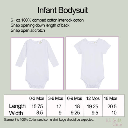 Size chart for infant bodysuits showing measurements for different ages