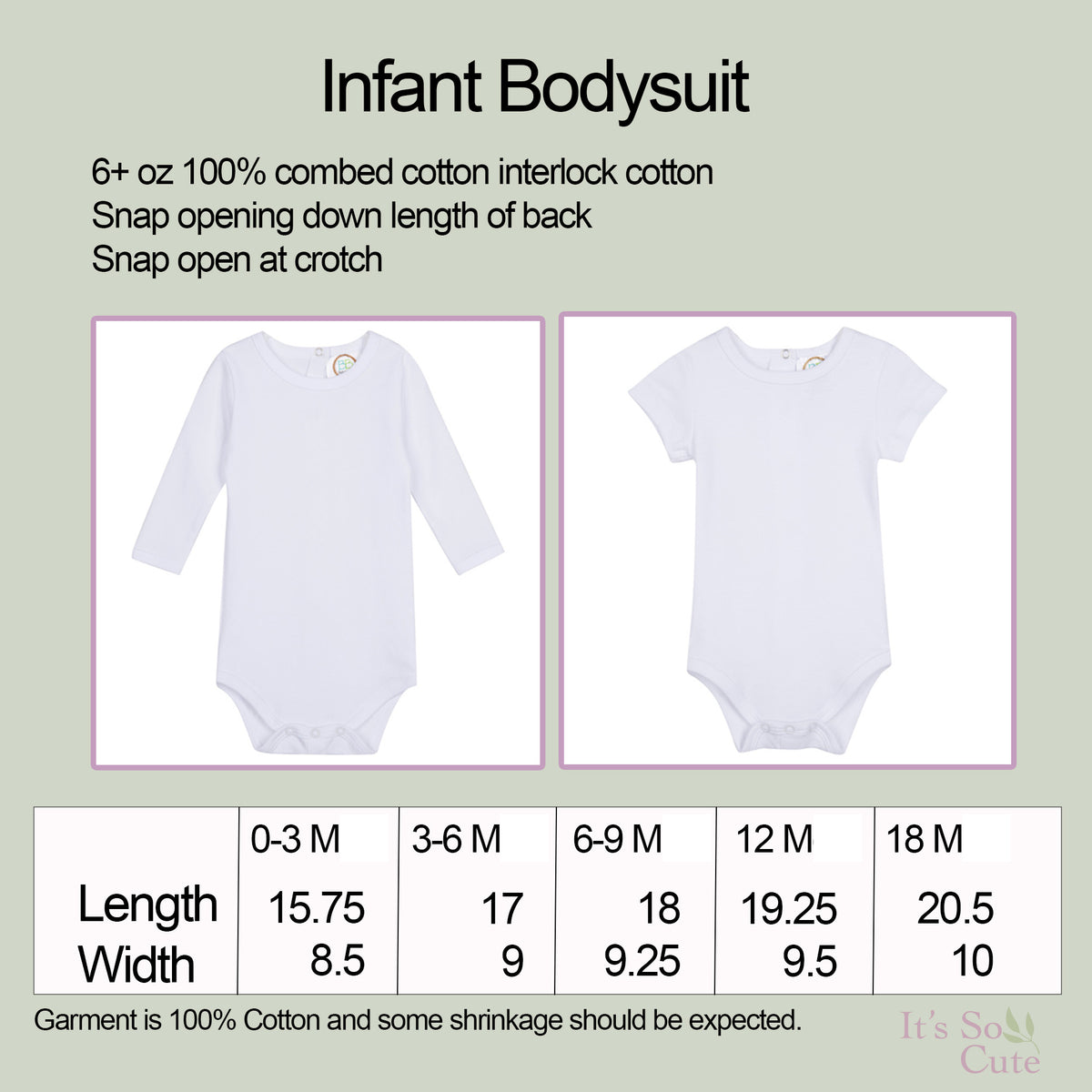 Infant bodysuit size chart and product preview on a pale green background. The chart shows two white long-sleeve and short-sleeve bodysuit photos with text describing the fabric and opening method, plus a size table listing lengths and widths for ages 0-3 M, 3-6 M, 6-9 M, 12 M, and 18 M.