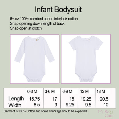 Infant bodysuit size chart and product preview on a pale green background. The chart shows two white long-sleeve and short-sleeve bodysuit photos with text describing the fabric and opening method, plus a size table listing lengths and widths for ages 0-3 M, 3-6 M, 6-9 M, 12 M, and 18 M.