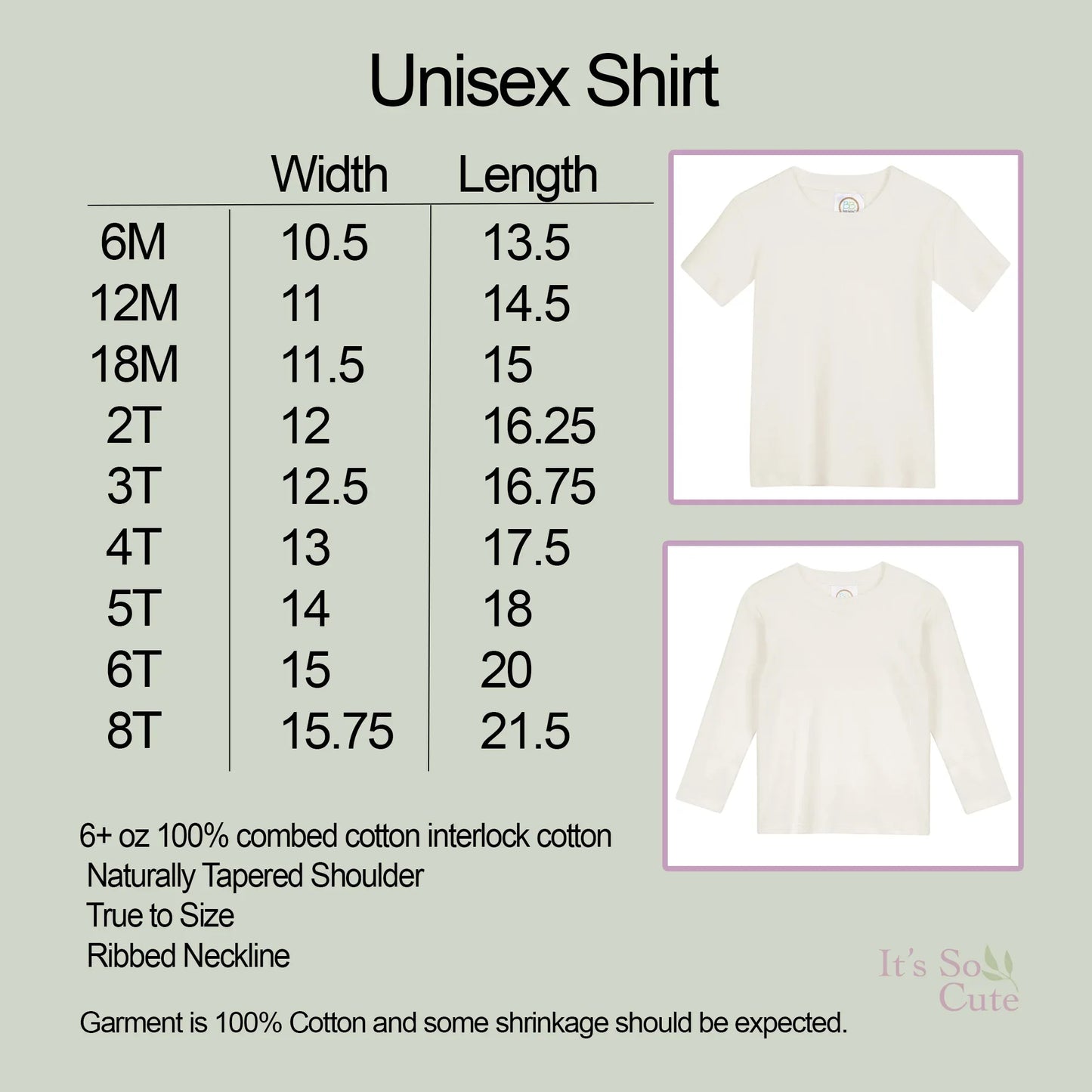 Size chart for baby and toddler shirts showing sizing and measurements