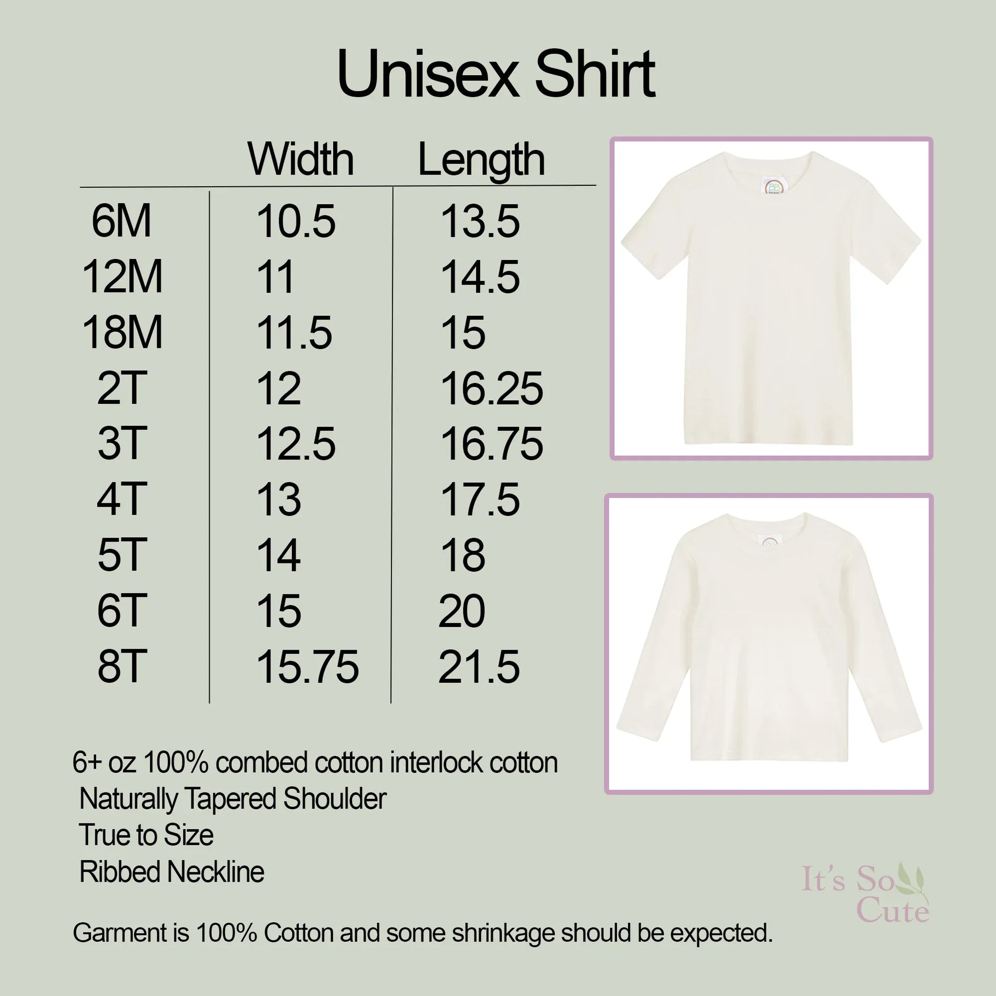 Size chart for baby and toddler shirts showing sizing and measurements