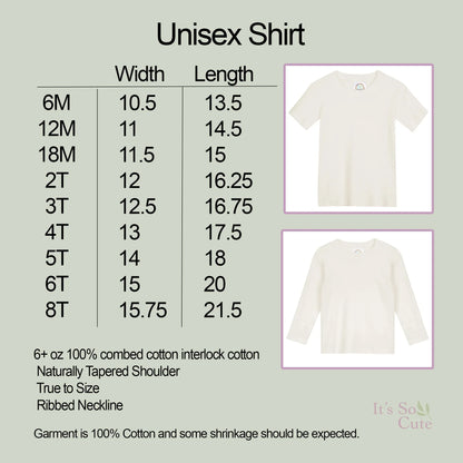 Size chart for baby and toddler shirts showing sizing and measurements