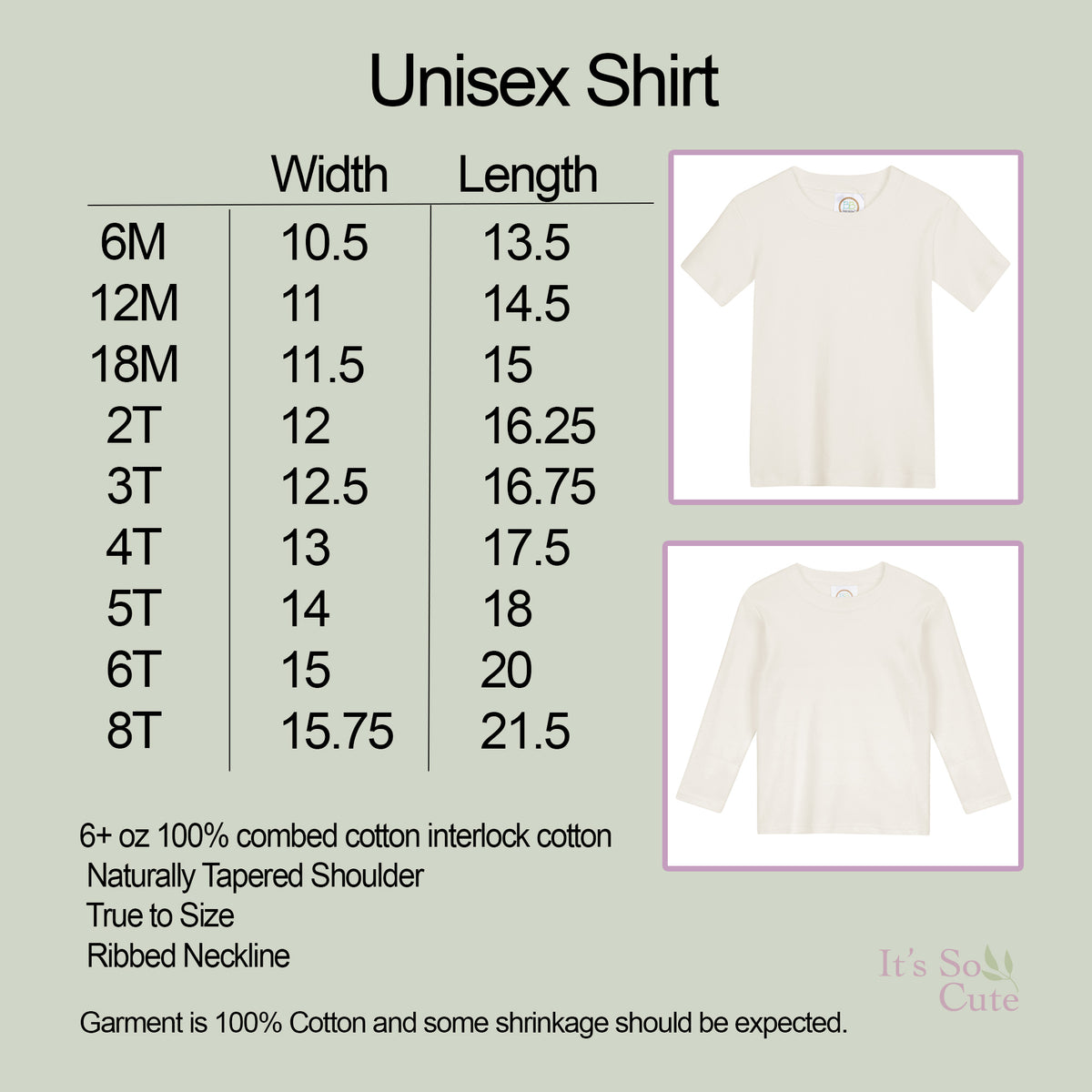 Unisex shirt size chart with measurements and two shirt images on a light green background.