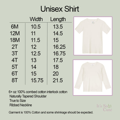 Unisex shirt size chart with measurements and two shirt images on a light green background.