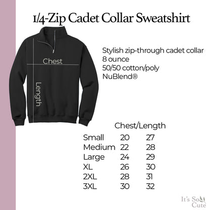 Size chart for XOXO quarter-zip sweatshirt showing measurements