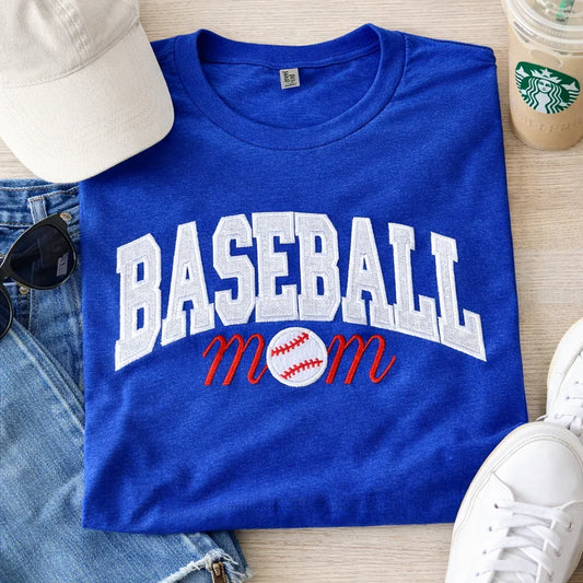 Camiseta Unisex Azul Royal con Aplique Bordado Mamá de Béisbol