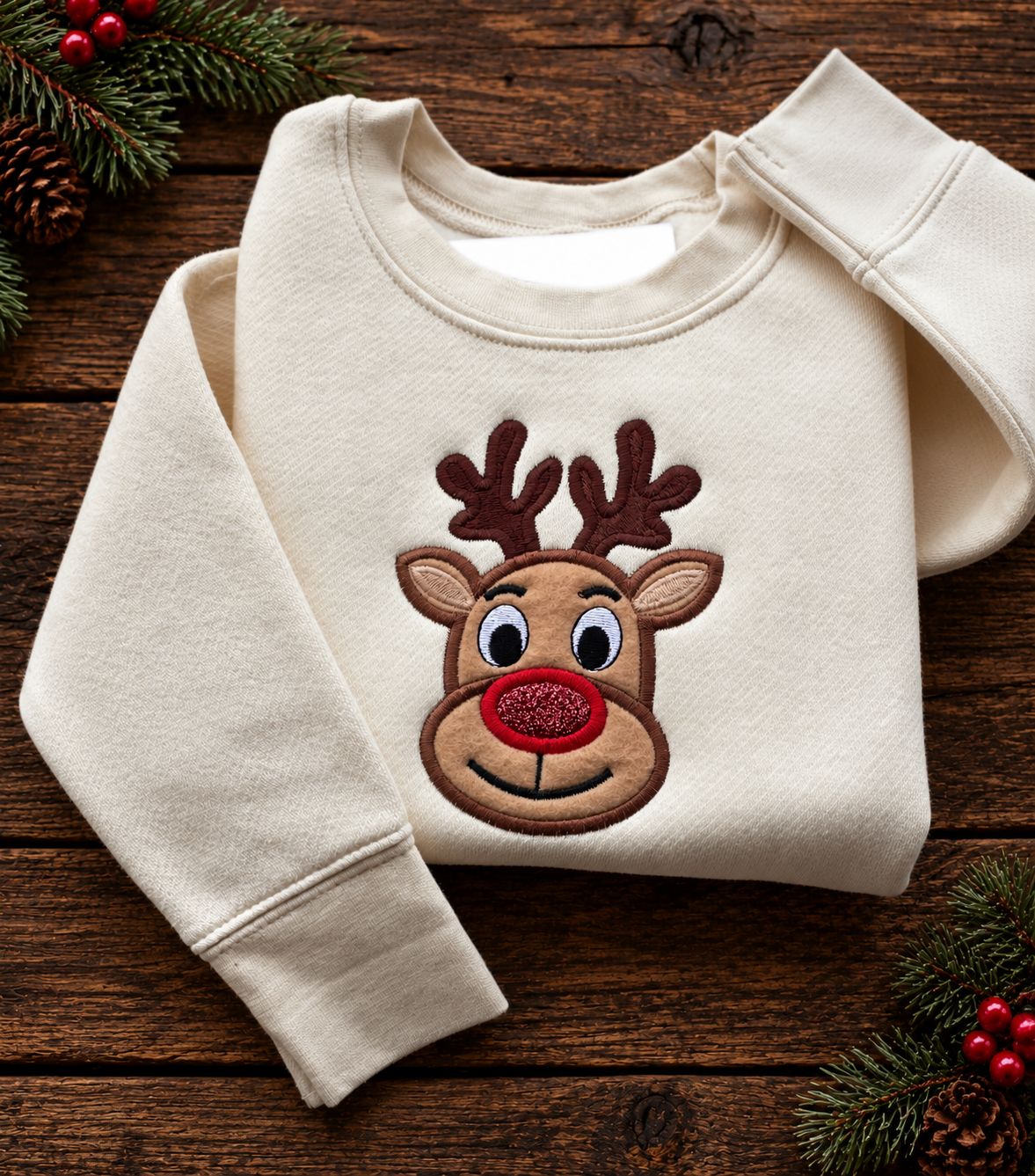Folded cream Christmas sweatshirt with detailed reindeer embroidery displayed on rustic dark wood.