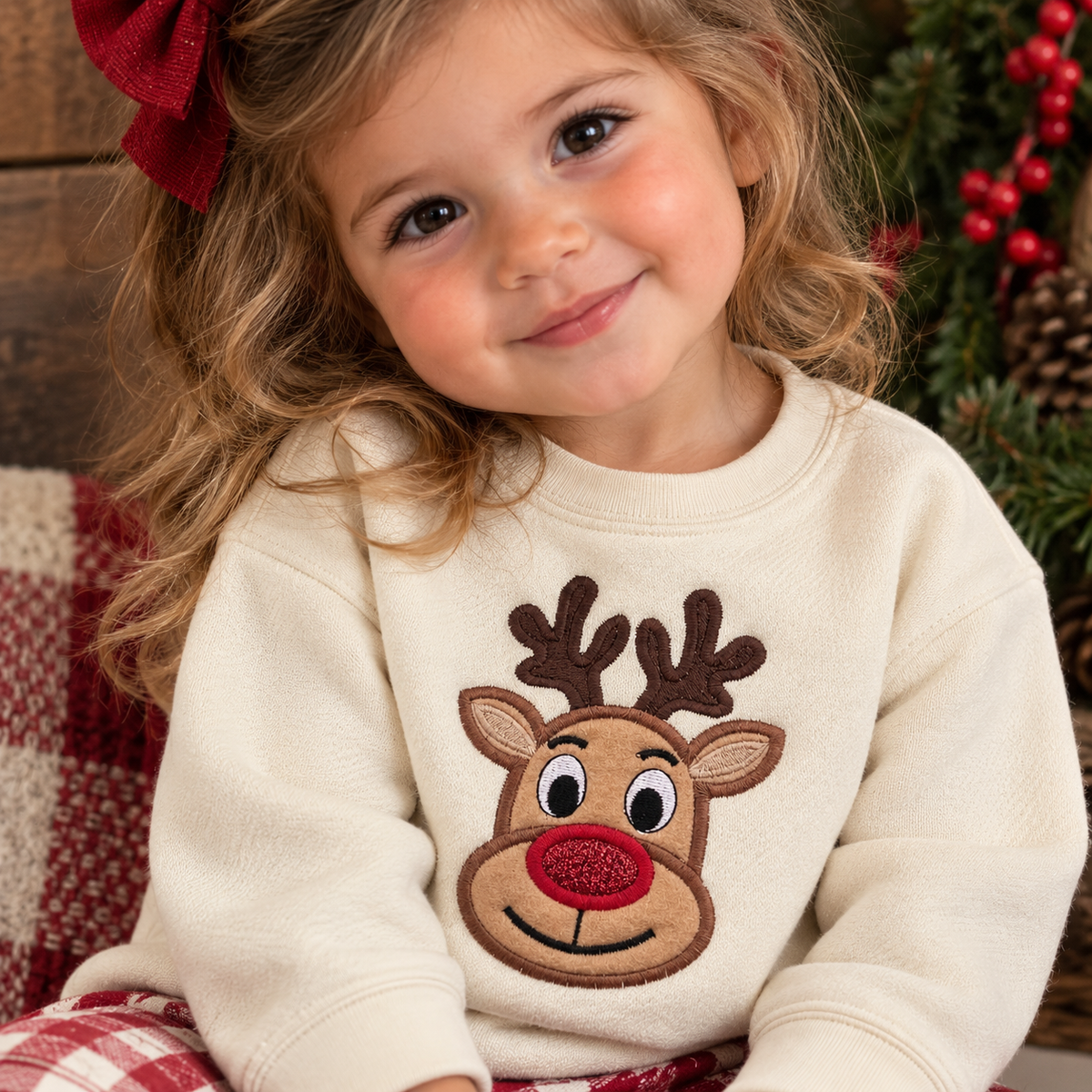 Young girl wearing a Nature Christmas reindeer sweatshirt with embroidered appliqué and a glittering red nose.
