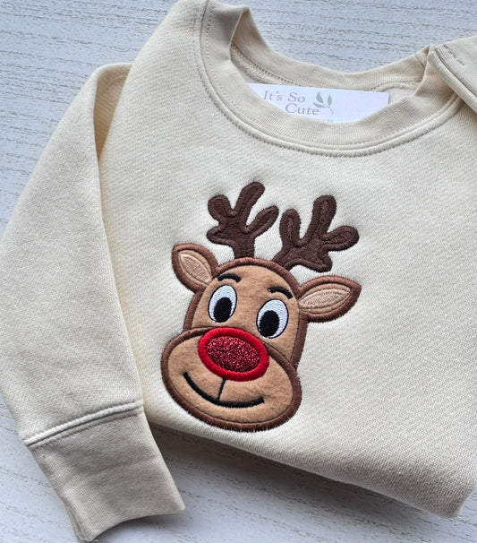 Nature toddler Christmas sweatshirt featuring a handmade embroidered reindeer appliqué with a sparkling red nose.