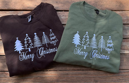 two Classic embroidered Christmas sweatshirts with white trees and Merry Christmas script