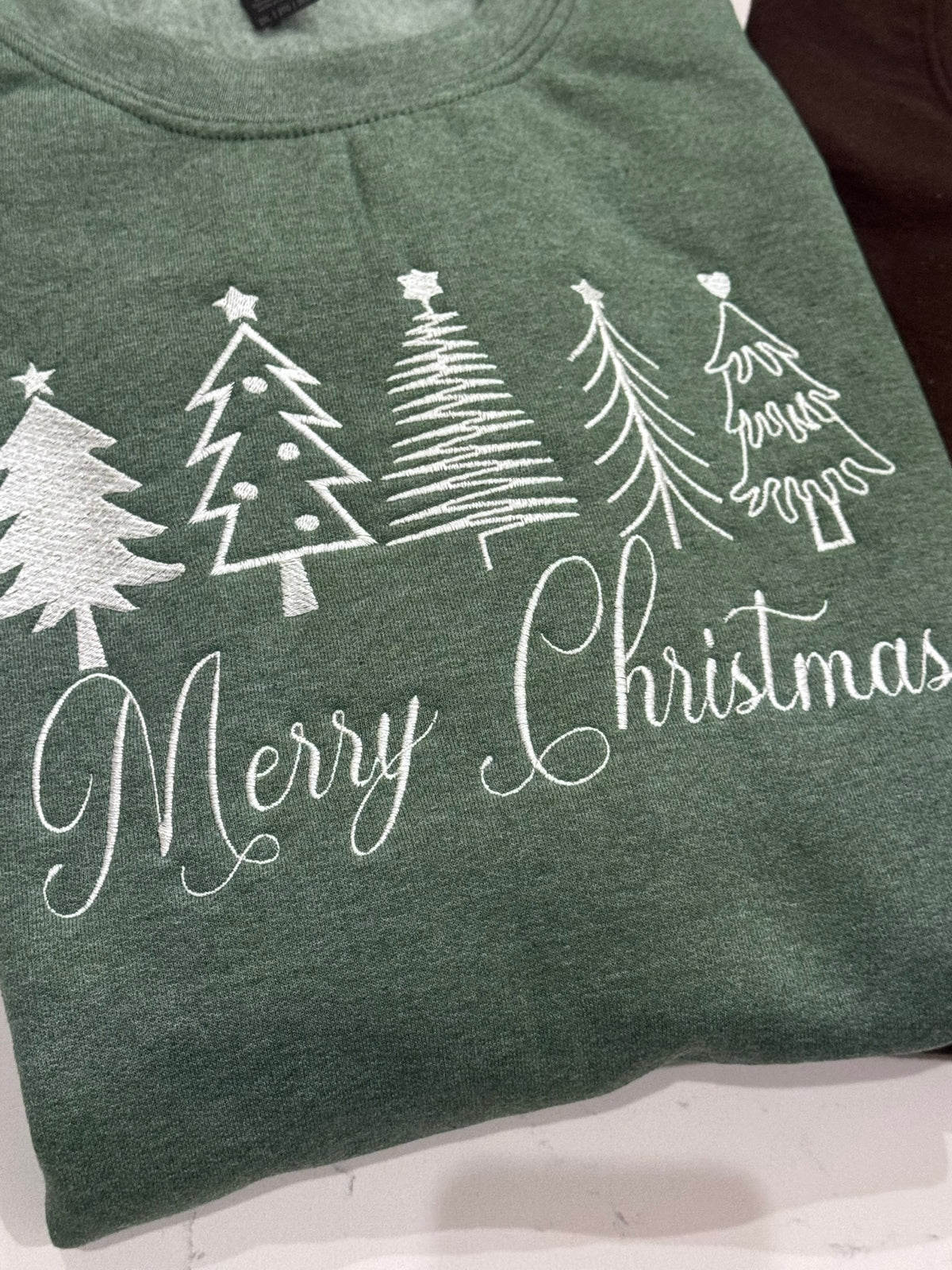Classic embroidered Christmas sweatshirt with white trees and Merry Christmas script