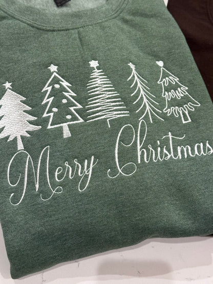 Classic embroidered Christmas sweatshirt with white trees and Merry Christmas script