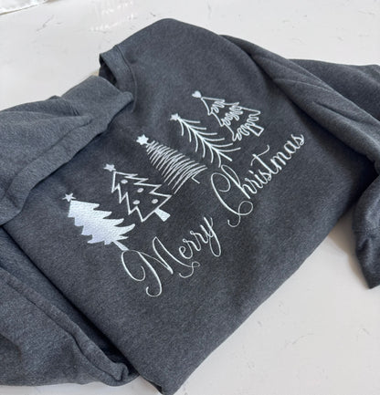 Merry Christmas embroidered sweatshirt with minimalist white Christmas tree design