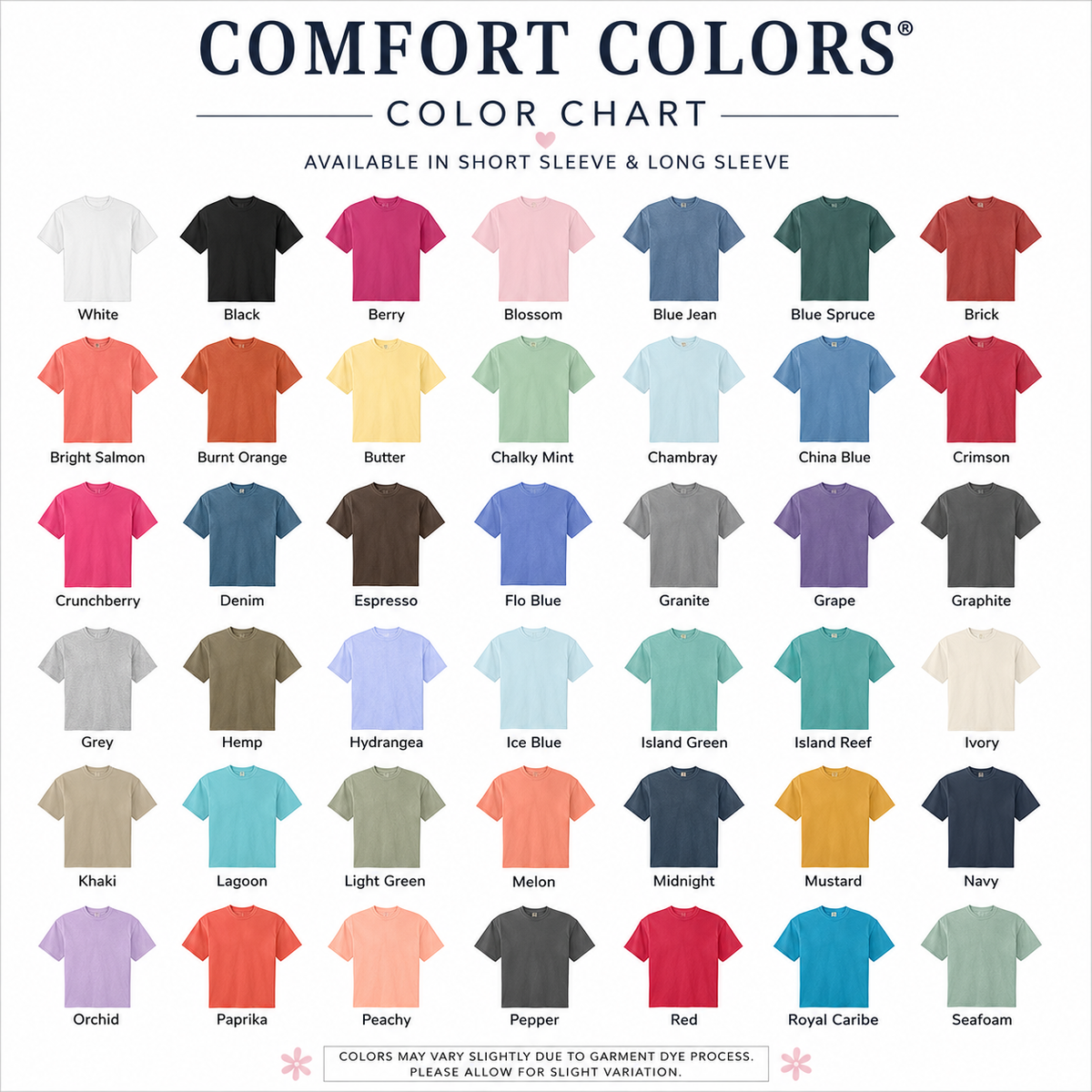 Comfort Colors shirt color chart for personalized embroidered MRS tee