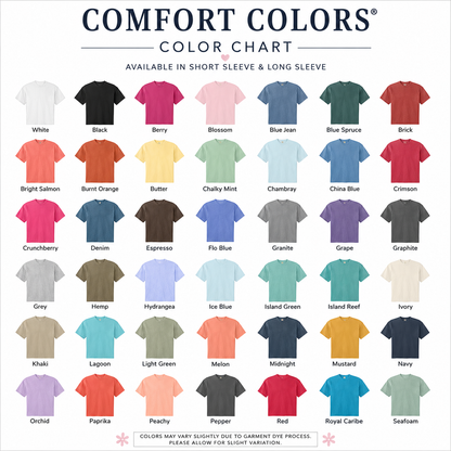 Comfort Colors shirt color chart for personalized embroidered MRS tee