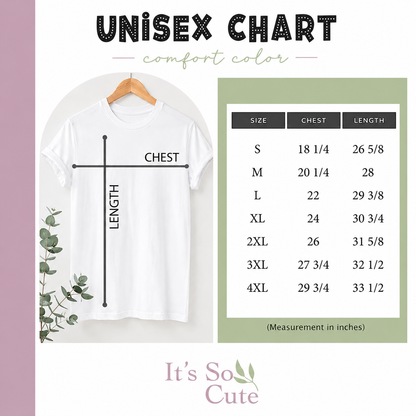 A unisex size chart graphic for a white comfort color T-shirt. The left side shows a hanging white T-shirt with black measurement lines indicating chest and length.