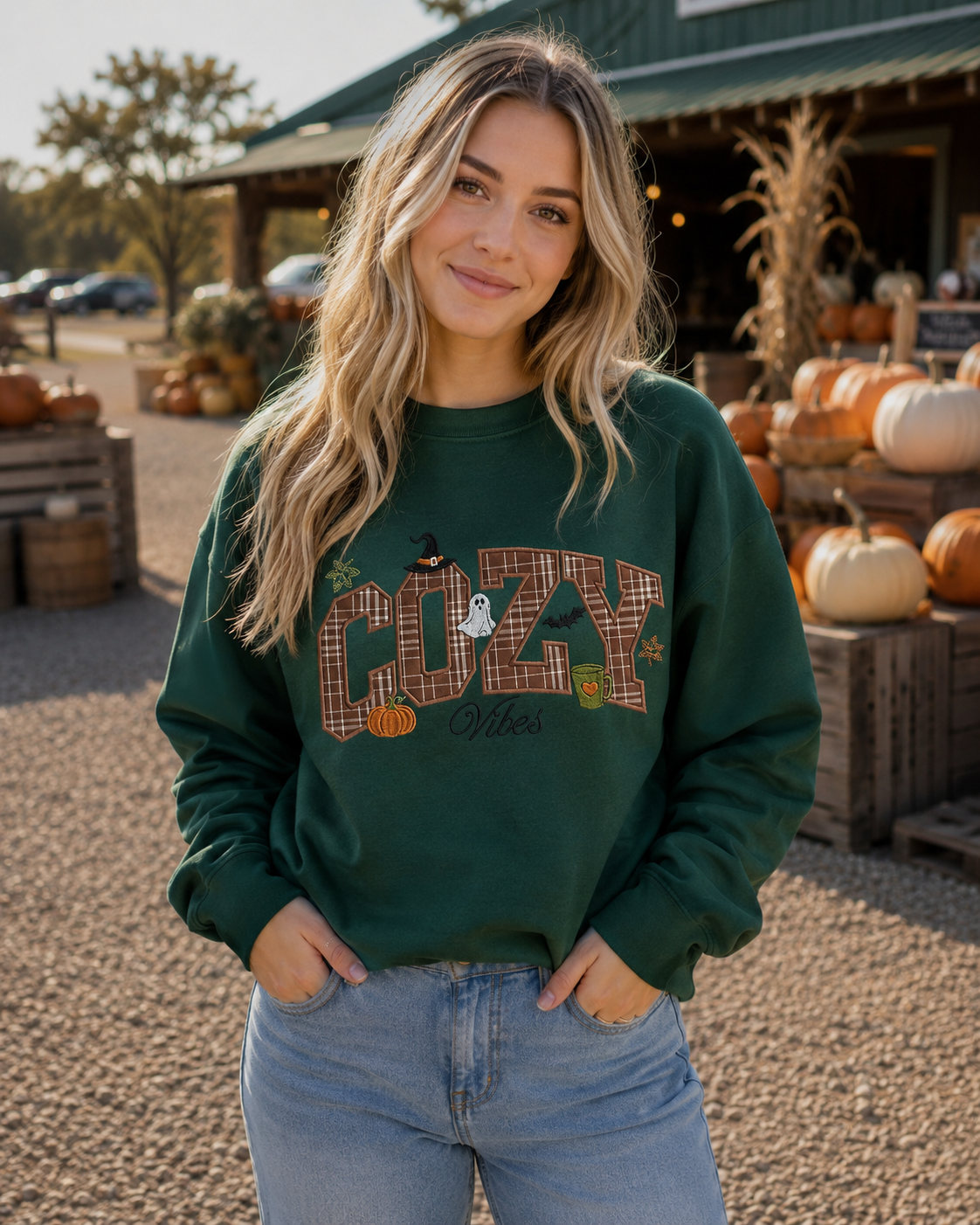 A woman stands outdoors in front of a fall farm stand, wearing a dark green crewneck sweatshirt with a 'COZY Vibes' autumn graphic and light wash blue jeans.