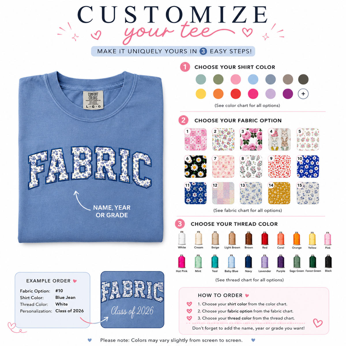 Customization guide for MRS appliqué shirt fabric, thread and shirt color selections