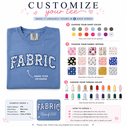 Customization guide for MRS appliqué shirt fabric, thread and shirt color selections