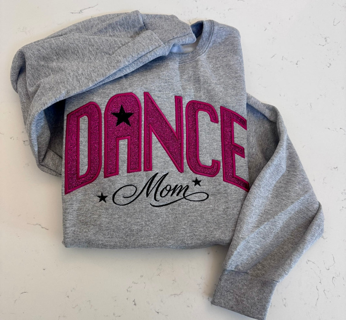 Gray personalized dance sweatshirt with sparkle appliqué displayed flat