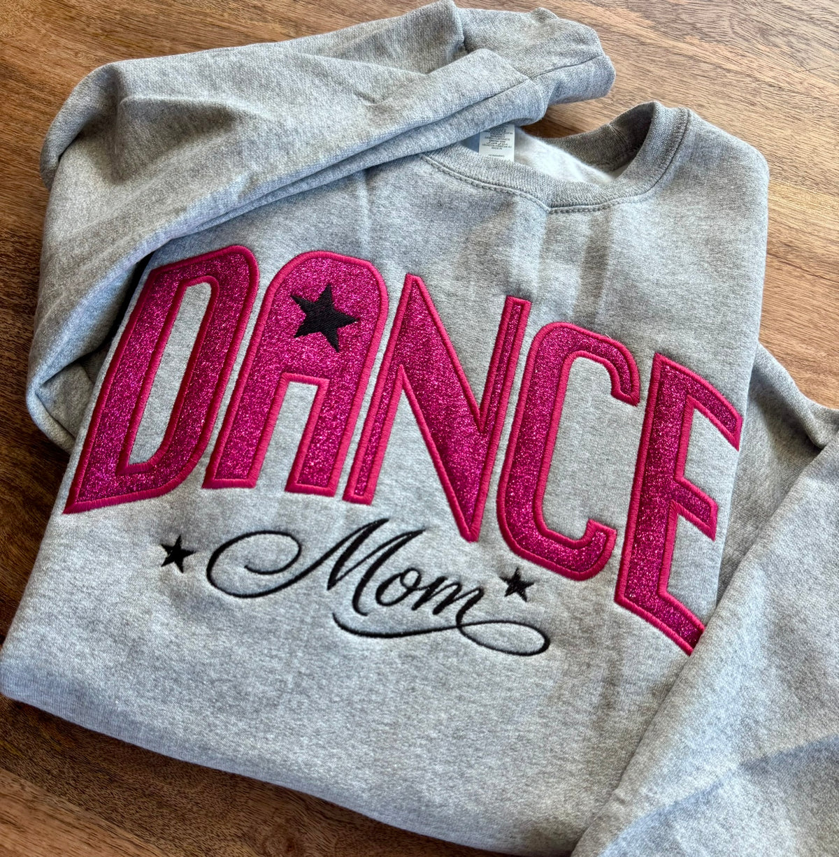 Personalized Dance Mom sweatshirt with hot pink sparkle appliqué and embroidered title
