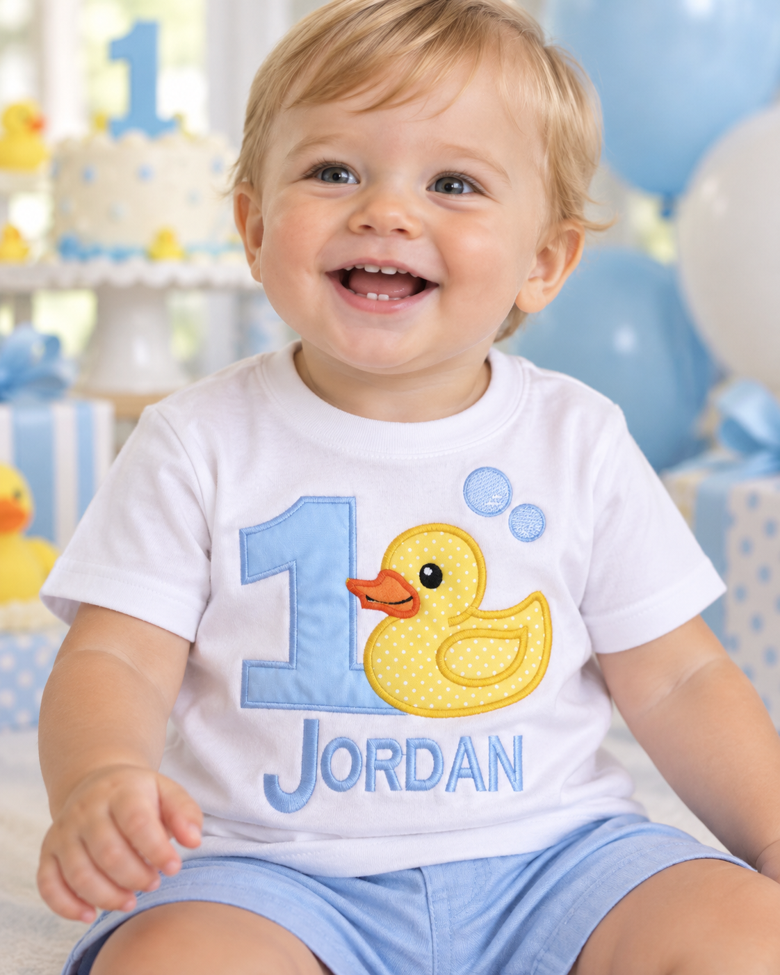 Baby wearing personalized duck birthday shirt with custom name Jordan